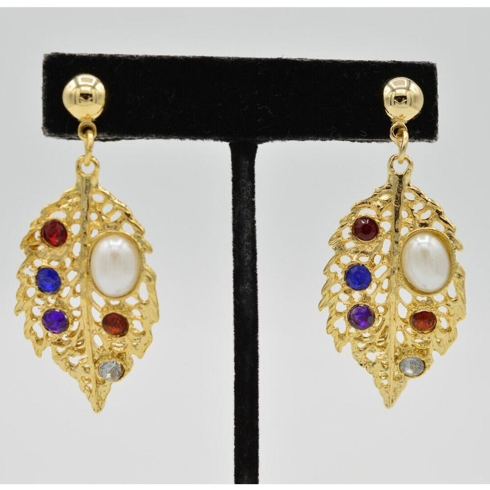 Vintage Crystal Leaf Earrings Dangle Gold Faux Pearl Multi-Color NOS 1980s W6
